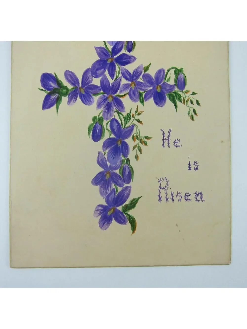 Victorian Greeting Card Easter Purple Flowers Christian Cross Ribbon Gold Edge